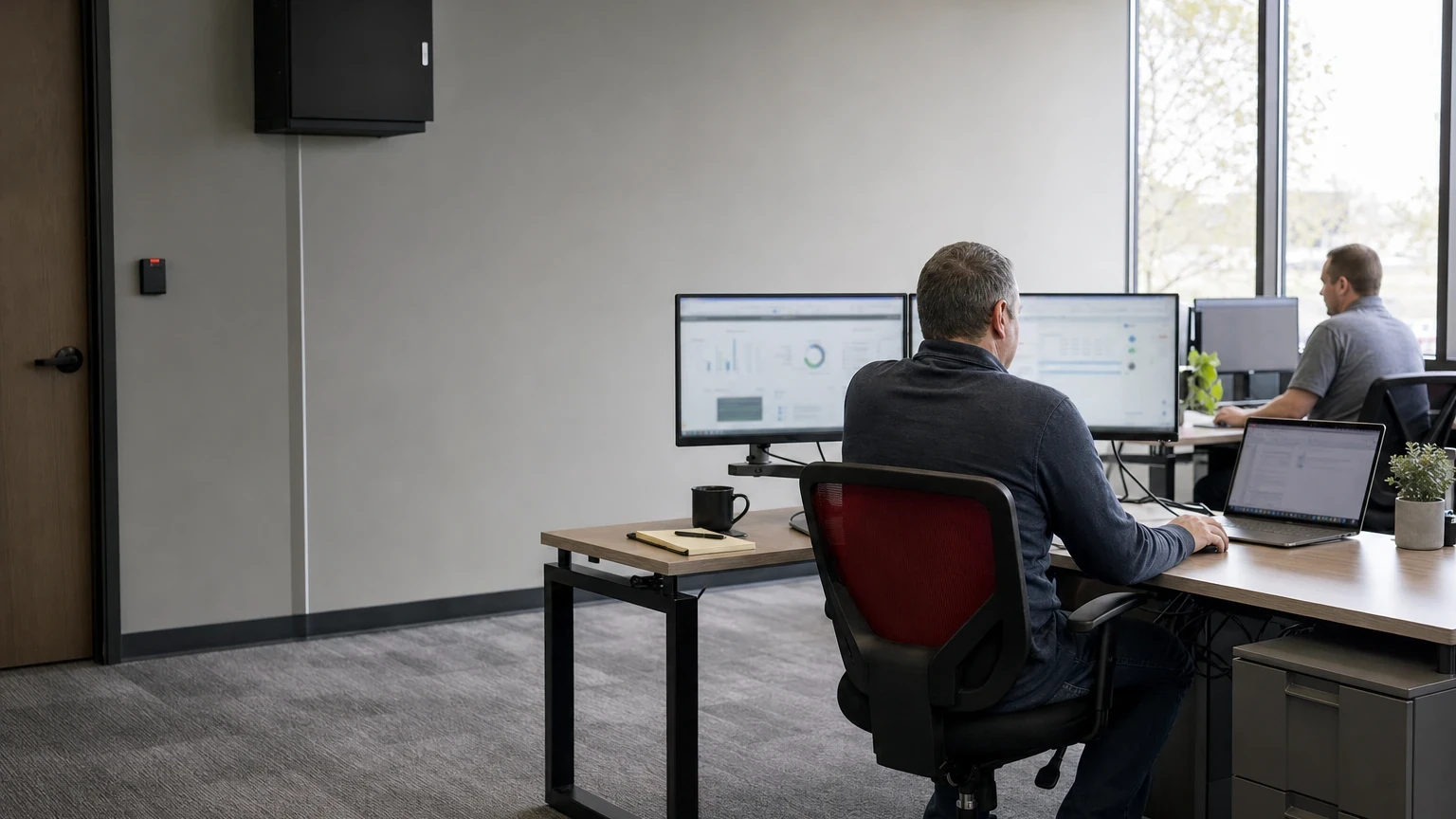 Two employees working at desktop computers in a bright small-business office, with a closed and latched network cabinet mounted on the wall behind them.