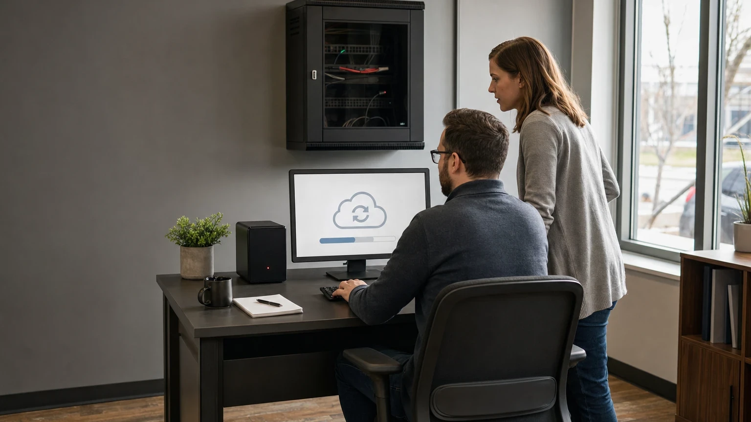Two colleagues at a desk in a small-business office looking at a monitor showing a cloud sync graphic, with a small backup appliance beside the screen and a closed network cabinet on the wall behind them.